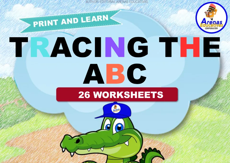 Tracing the ABC cover: Print and Learn set of 26 alphabet tracing worksheets, shown with a cartoon crocodile in a cap