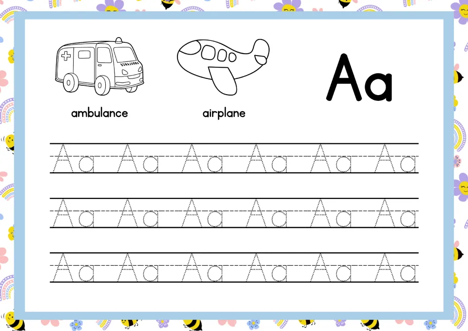 Letter Aa handwriting practice: students trace three rows of dotted Aa pairs beside pictures of an ambulance and airplane