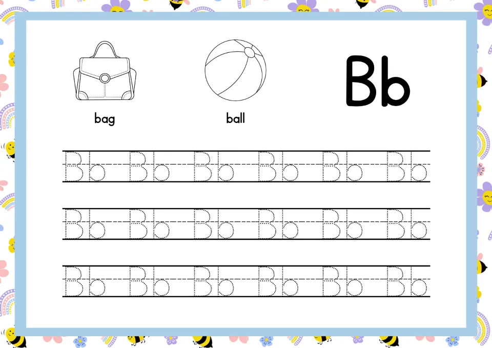 Letter Bb handwriting practice: students trace dotted uppercase and lowercase Bb in three rows, with a bag and ball