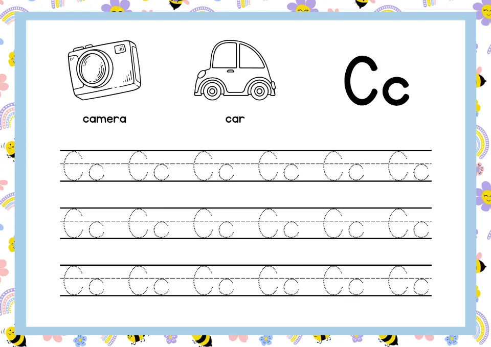 Letter Cc tracing: students follow dotted Cc in three rows to practise letter formation, with a camera and car as C words