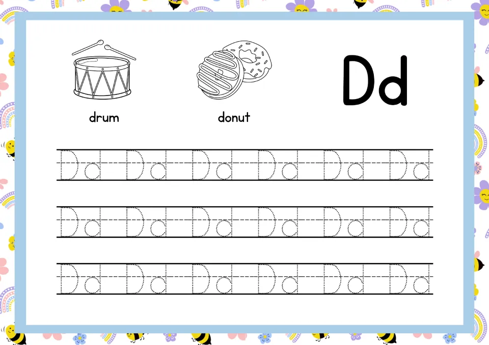 Letter Dd tracing: students trace dotted capital and small Dd across three rows; drum and donut pictures show D words
