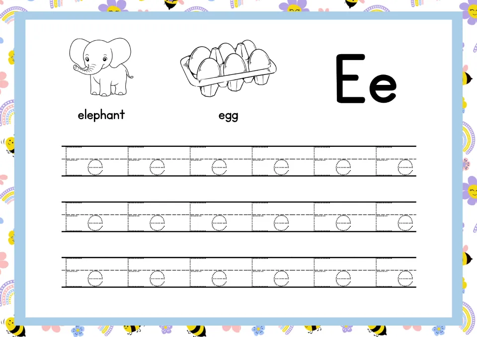Letter Ee formation practice: students trace three rows of dotted Ee next to an elephant and a carton of eggs labeled egg