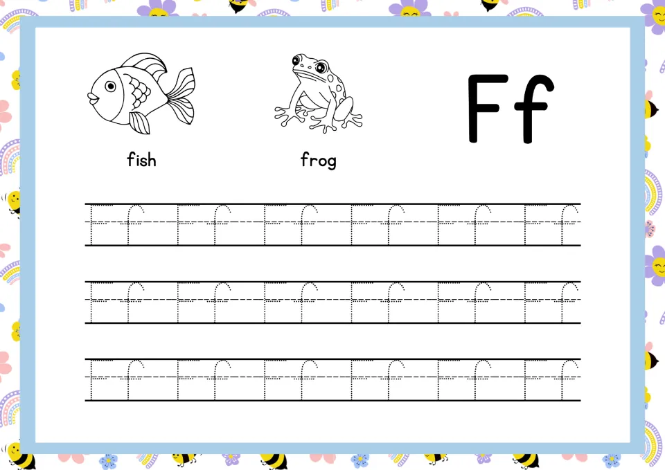 Letter Ff handwriting: students trace dotted Ff pairs in three rows to build letter formation, beside a fish and a frog
