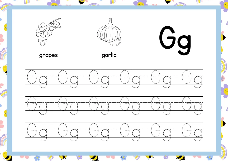 Letter Gg tracing: students follow dotted Gg in three rows, including the lowercase g tail, beside grapes and garlic