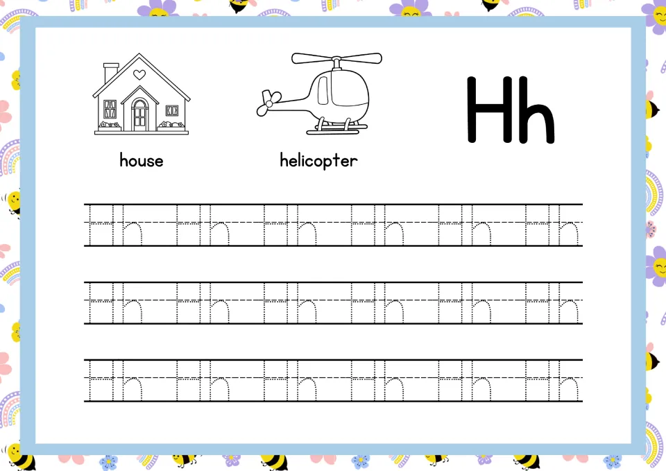 Letter Hh handwriting practice: students trace three rows of dotted Hh, with a house and a helicopter as H words