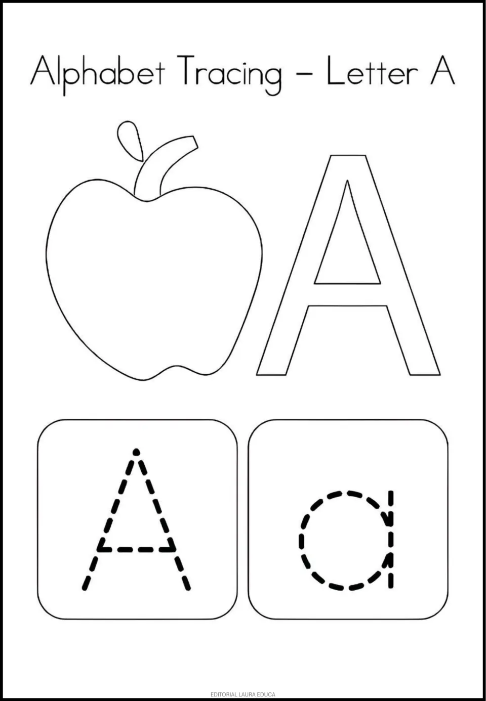 Letter A: students color an apple and a big A, then trace dashed uppercase A and lowercase a to practise forming letters