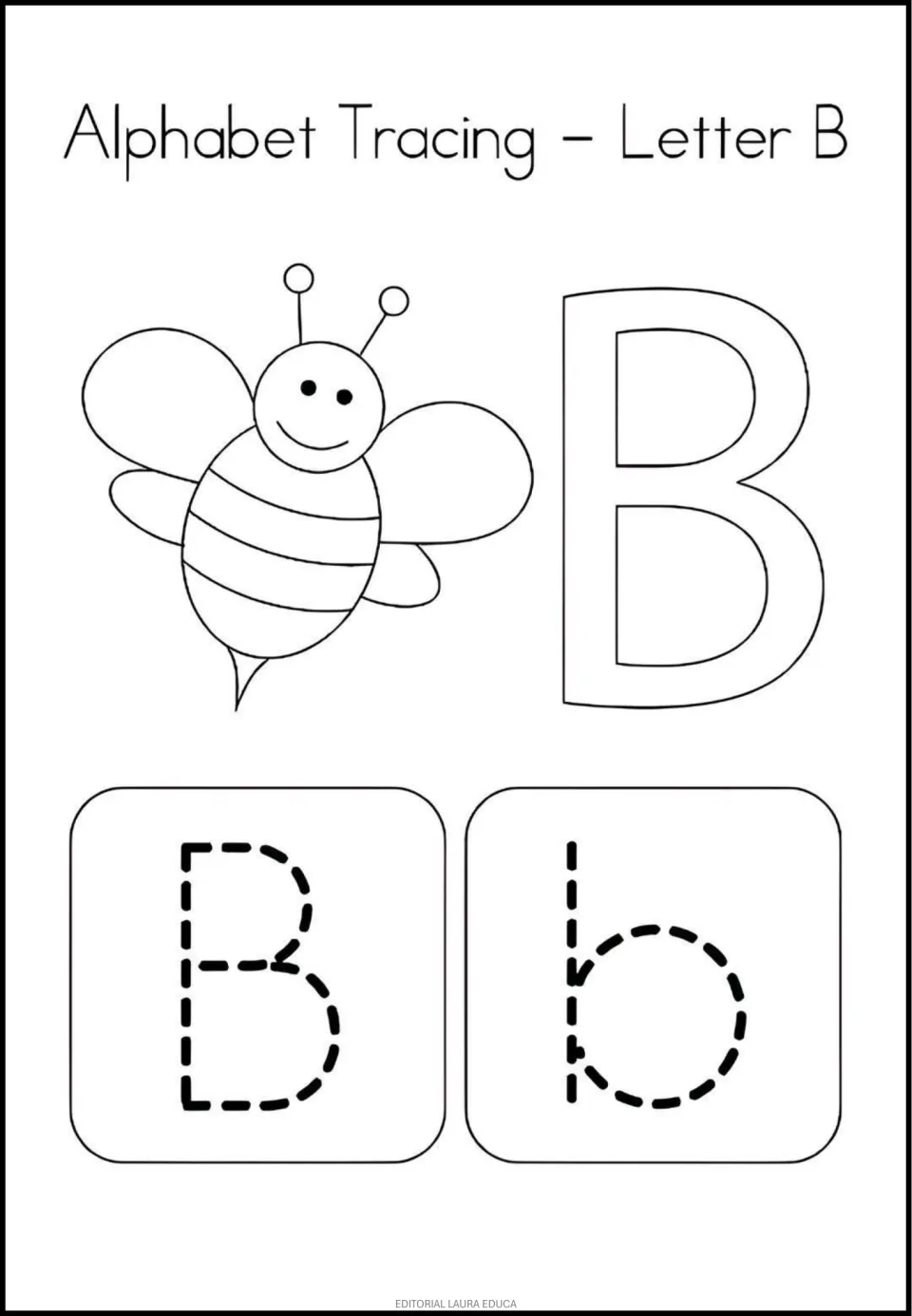 Letter B: children color a smiling bee and a large outlined B, then trace a dashed capital B and lowercase b