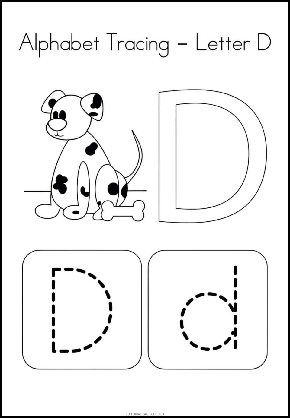 Letter D: students color a spotted puppy with a bone and a big D, then trace dashed uppercase D and lowercase d