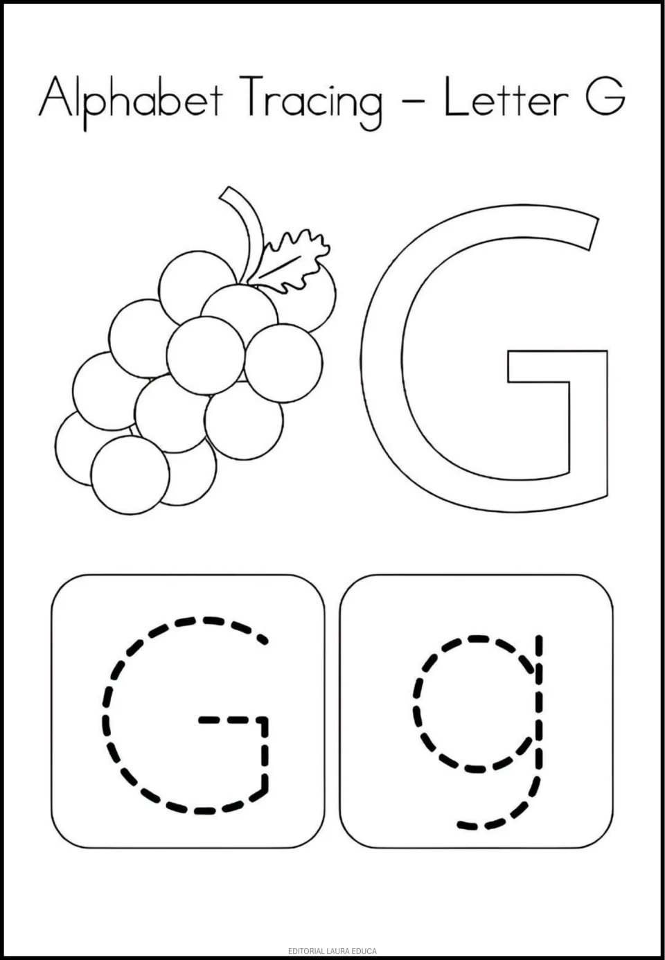 Letter G: students color a bunch of grapes and an outlined G, then trace dashed capital G and lowercase g with its tail