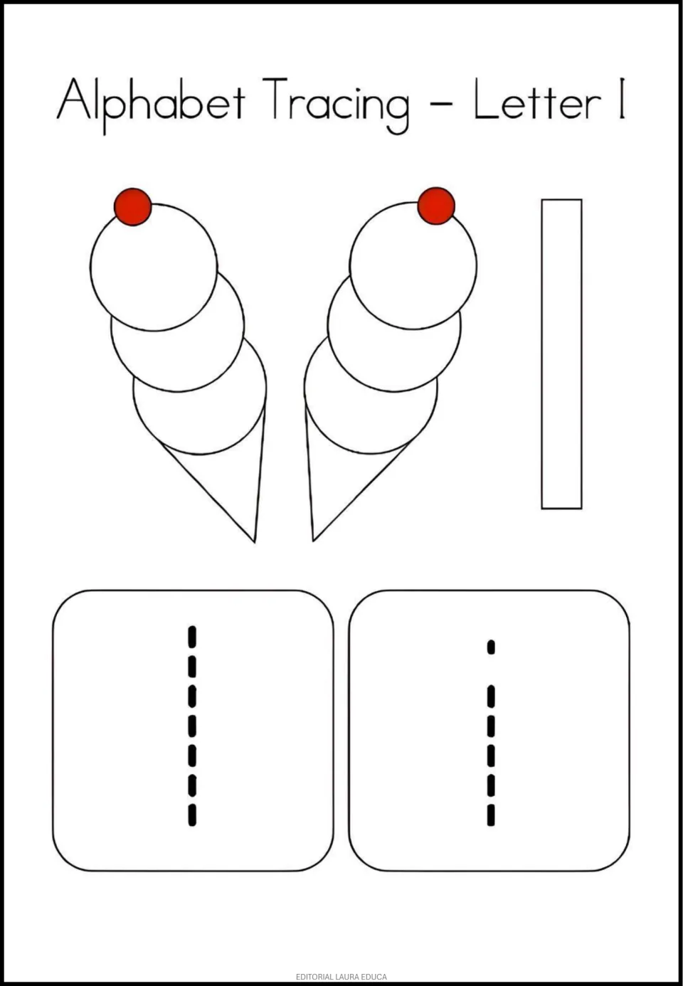 Letter I: students color two ice cream cones with cherries and a tall I, then trace dashed capital I and lowercase i