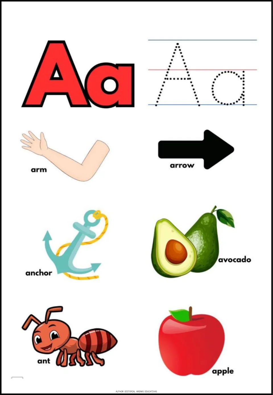 Letter A tracing: students trace dotted A and a, then name arm, arrow, anchor, avocado, ant and apple for the A sound
