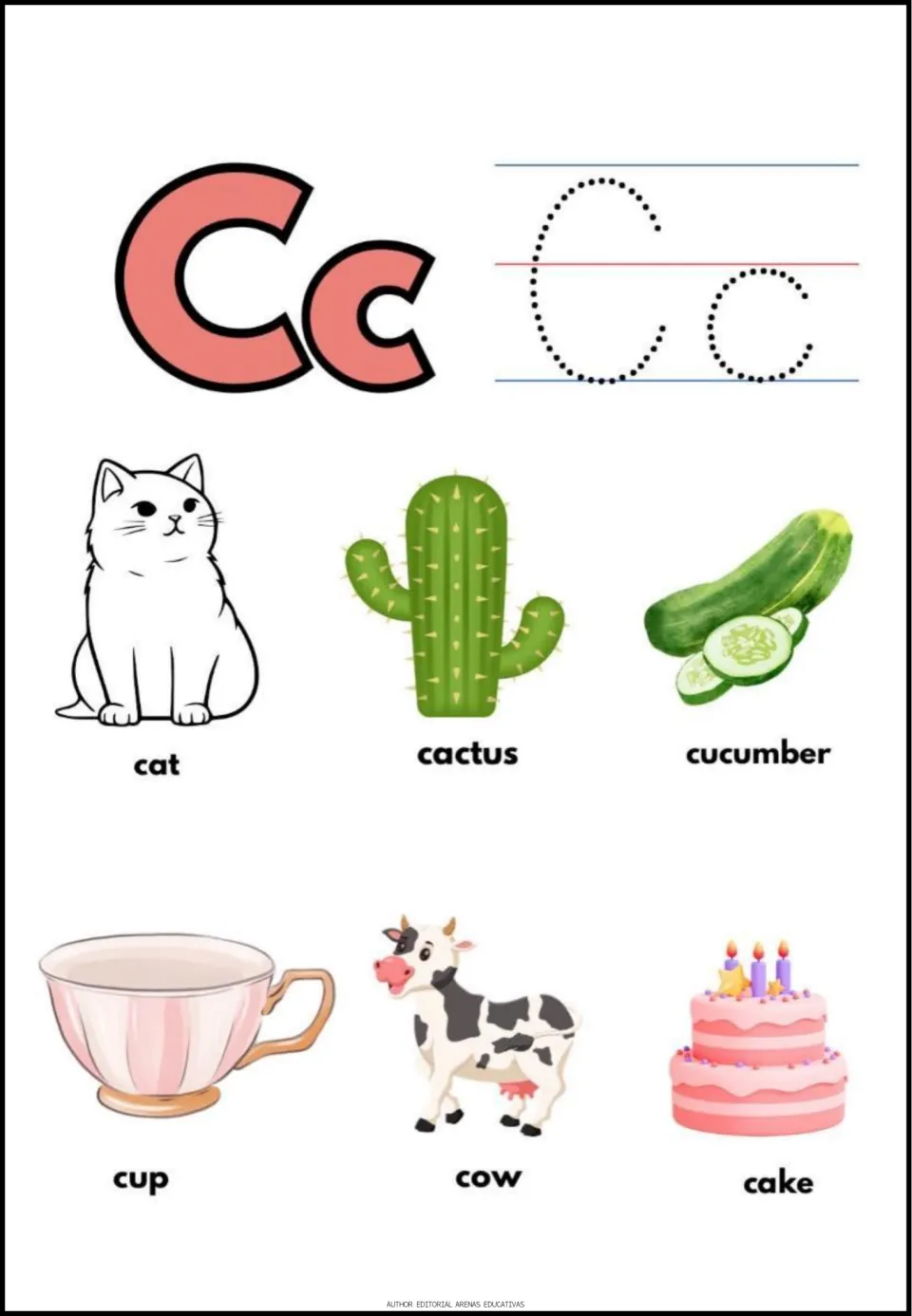 Letter C tracing: students trace dotted C and c, then name cat, cactus, cucumber, cup, cow and cake to practise the C sound