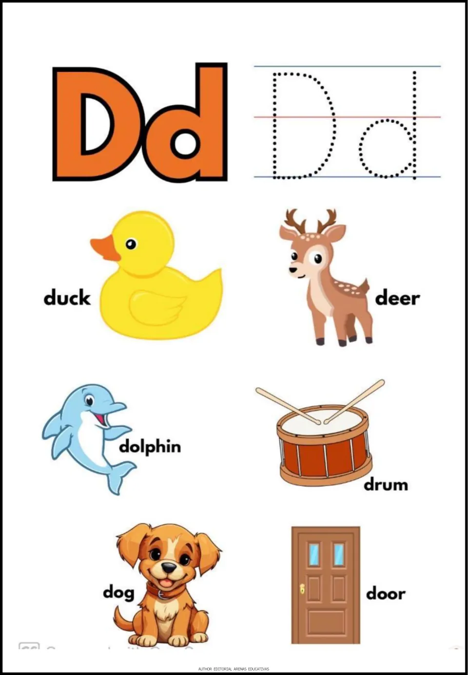 Letter D tracing: students trace dotted D and d and name duck, deer, dolphin, drum, dog and door with the starting D sound