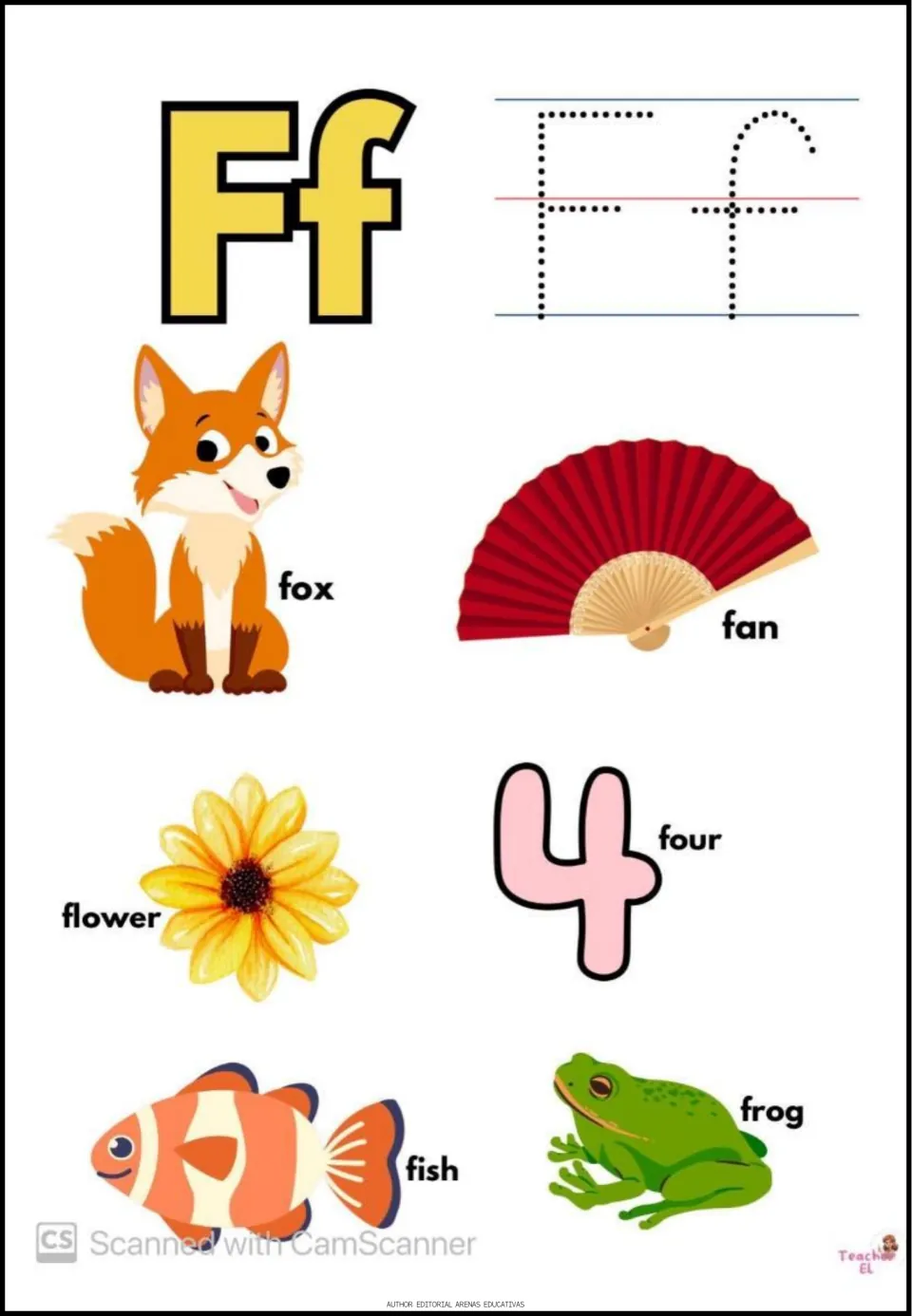 Letter F tracing: students trace dotted F and f, then name fox, fan, flower, the number four, fish and frog for the F sound
