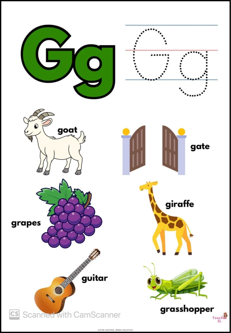 Letter G tracing: students trace dotted G and g, then name goat, gate, grapes, giraffe, guitar and grasshopper
