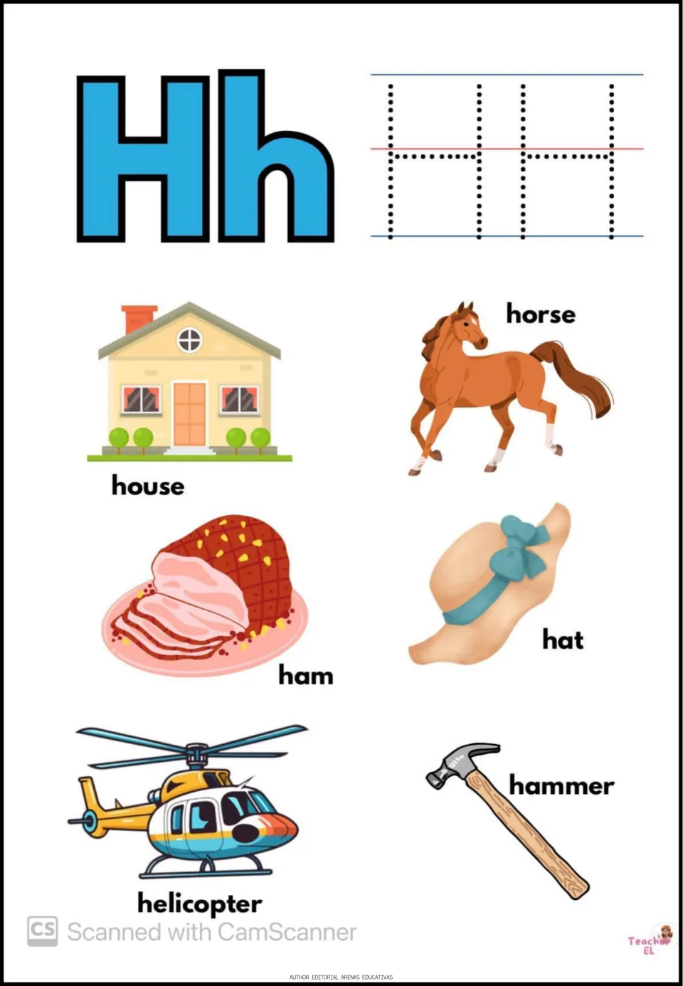 Letter H tracing: dotted H letters to trace, plus labeled pictures of house, horse, ham, hat, helicopter and hammer
