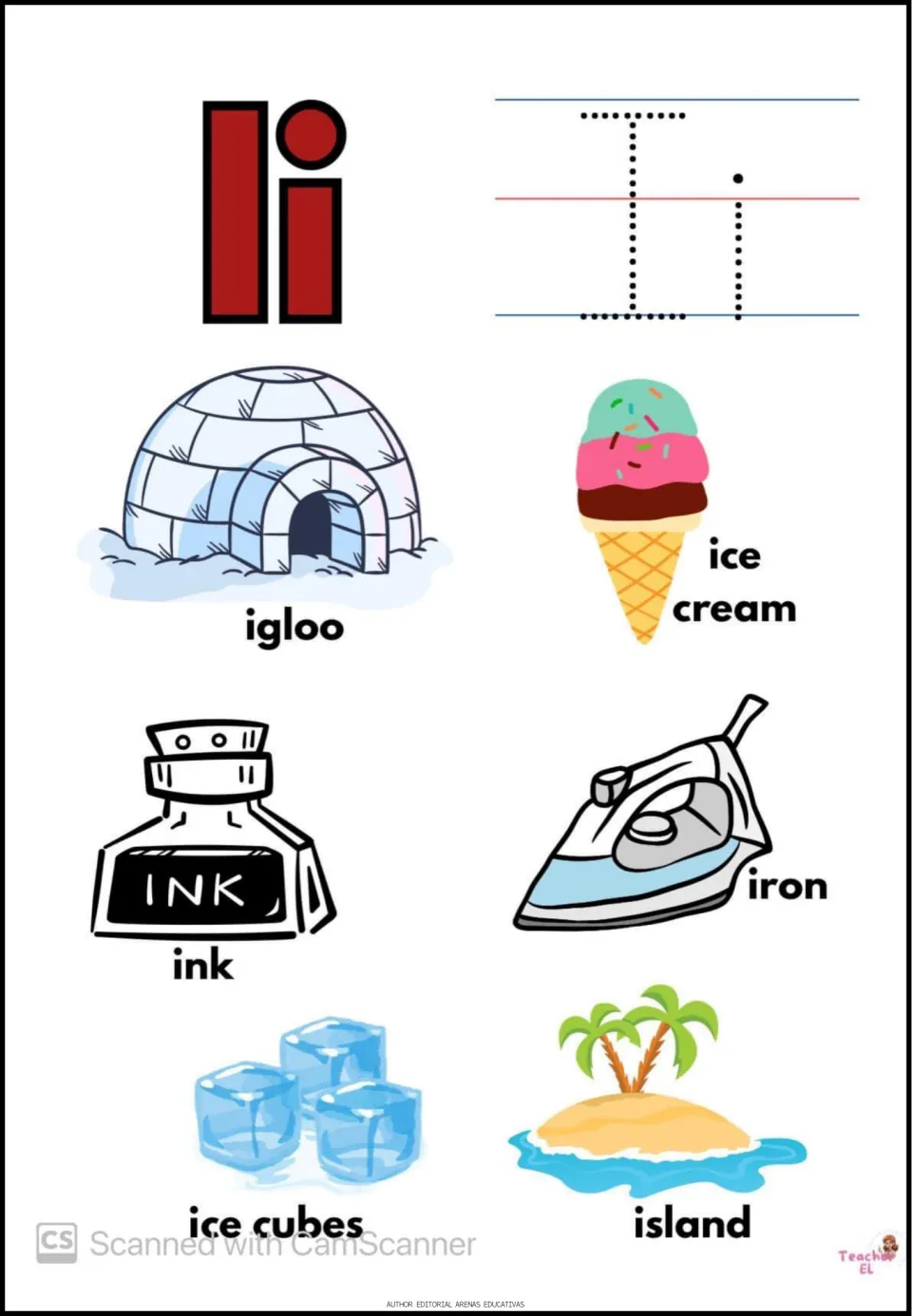 Letter I tracing: students trace dotted I and i and name igloo, ice cream, ink, iron, ice cubes and island for the I sound