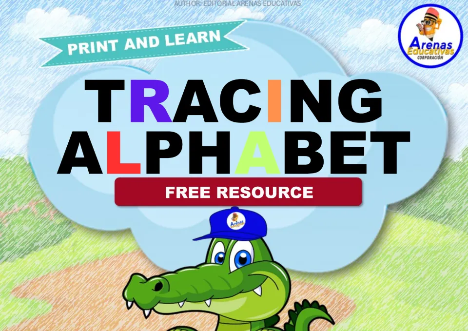 Tracing Alphabet cover from Arenas Educativas, marked Print and Learn and Free Resource, with a cartoon crocodile in a cap