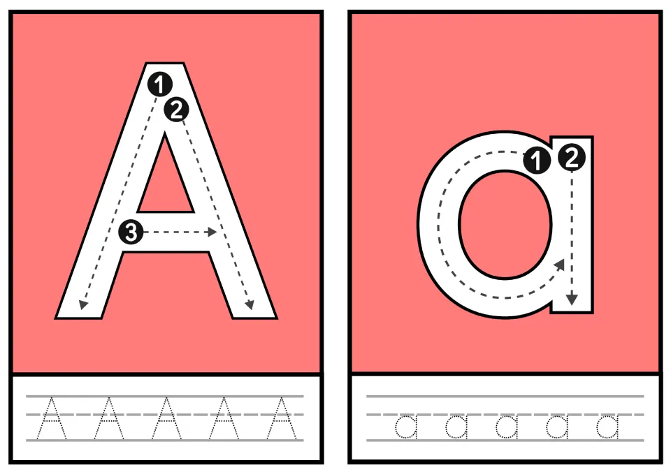 Letter A and a: students follow numbered arrows to trace each letter, then trace five dotted A and a on handwriting lines