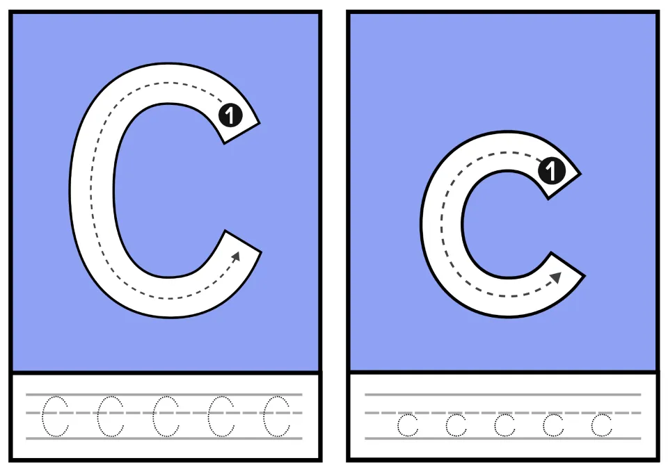 Letter C and c: students trace each one-stroke curved letter from the numbered start point, then trace five dotted C and c