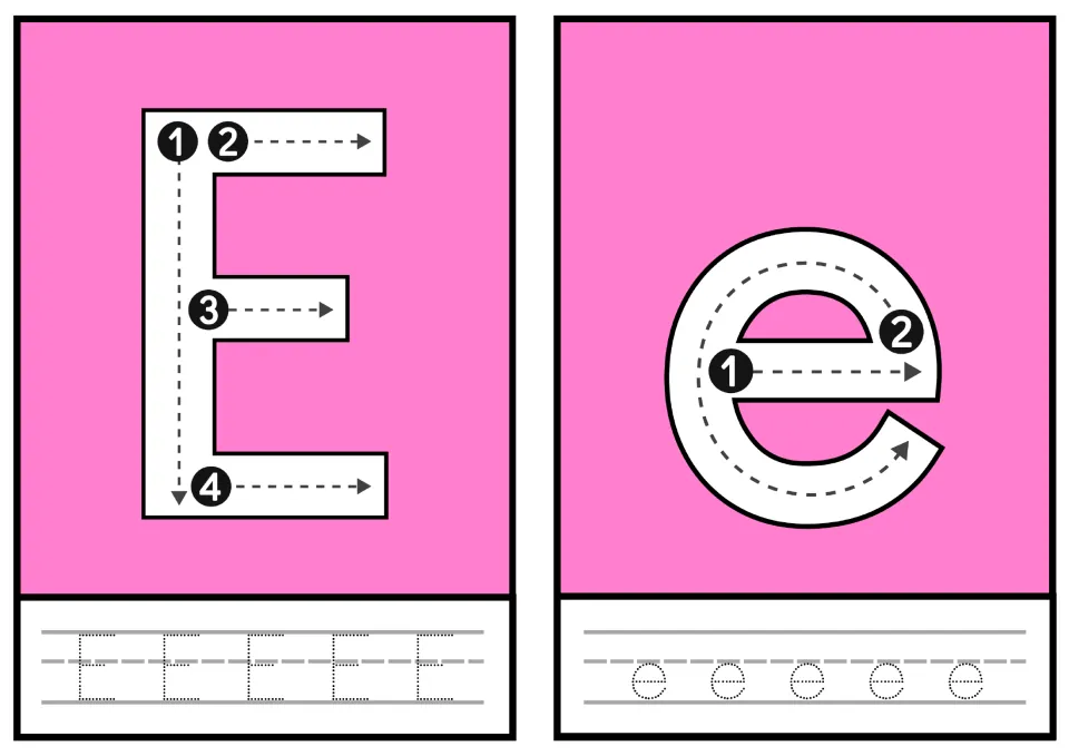 Letter E and e: four numbered strokes guide tracing of E and two strokes guide e, then students trace five dotted E and e