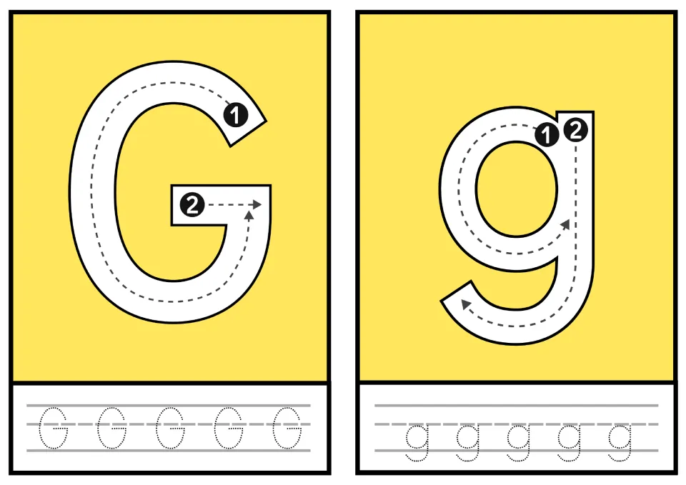 Letter G and g: numbered arrows guide tracing of G and of g with its descender, then students trace five dotted G and g