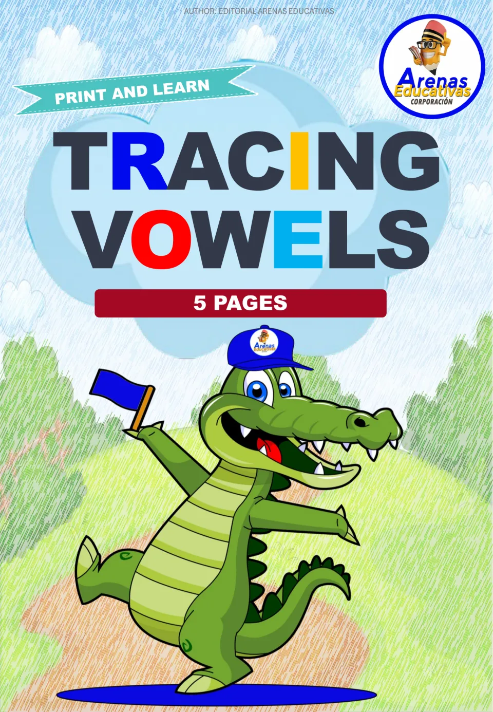 Tracing Vowels cover: a Print and Learn banner, a 5 Pages label and a cartoon crocodile in a blue cap waving a flag