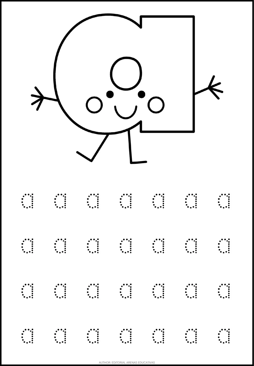 Lowercase a letter formation: a smiling letter a character, then 28 dotted a shapes for students to trace with a pencil