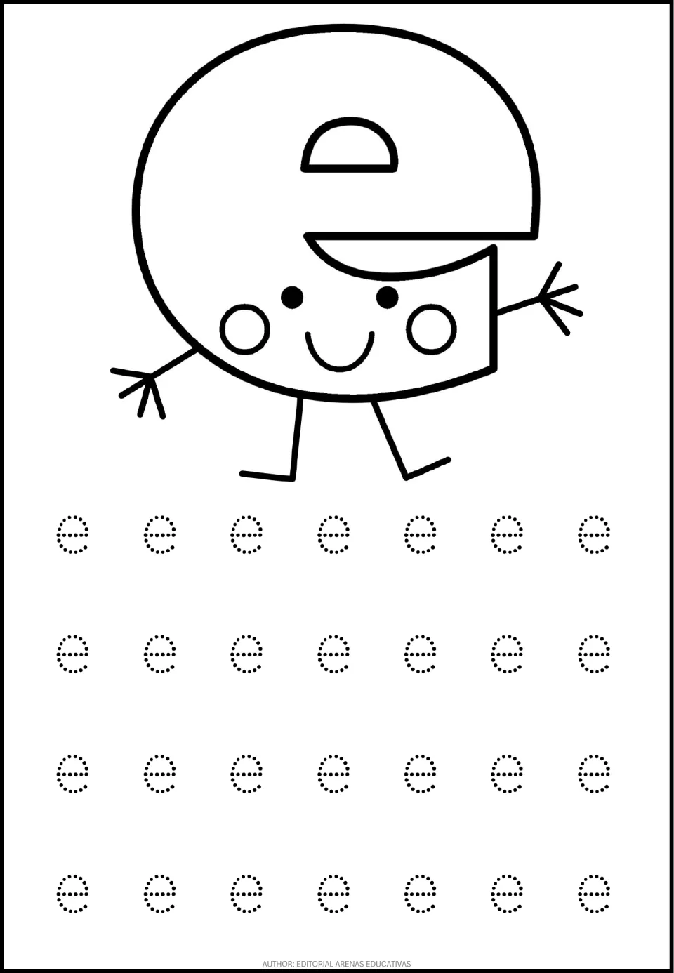 Vowel e handwriting practice: children follow the dots on 28 lowercase e's below a cheerful walking e figure