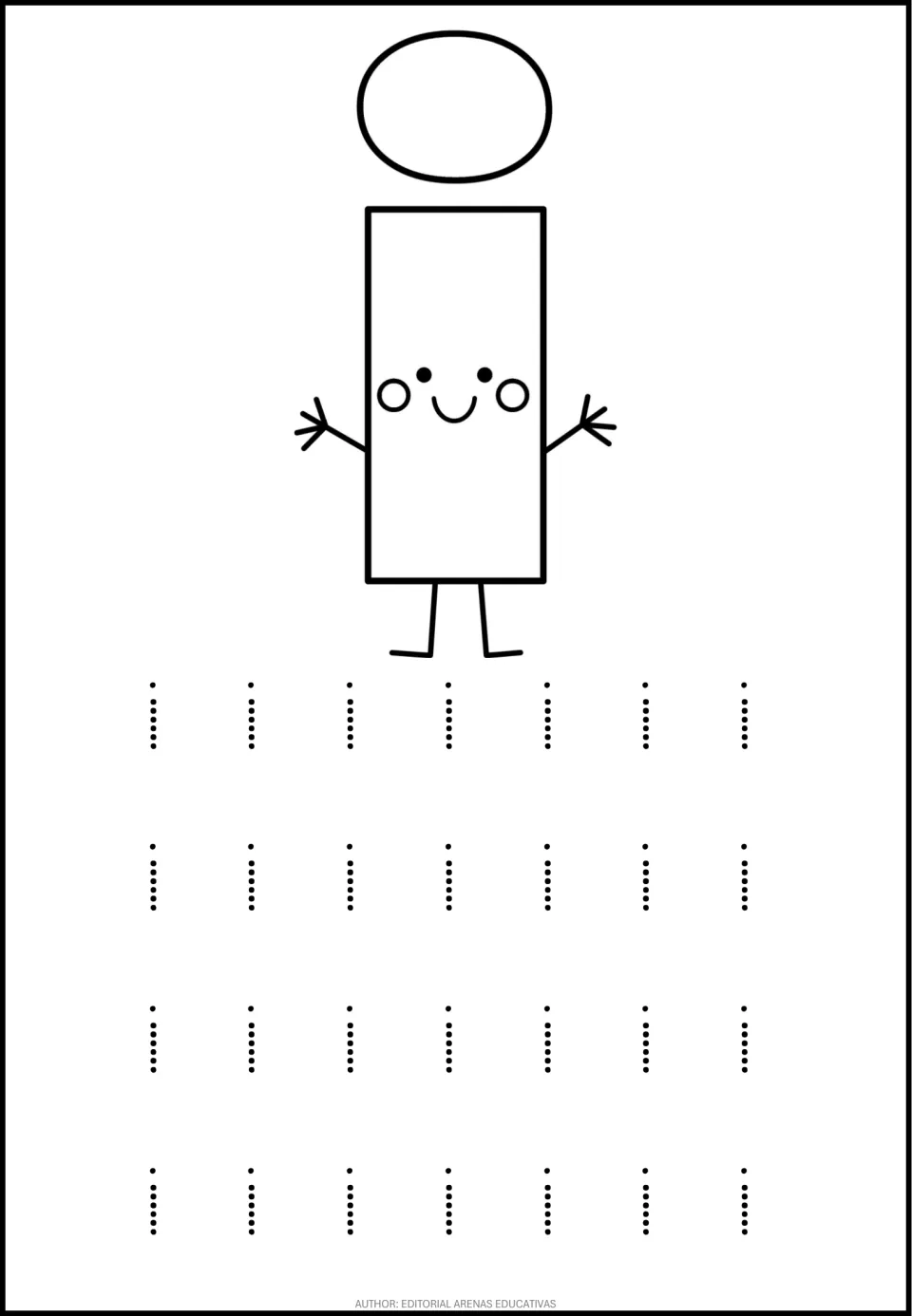 Letter i penmanship: a waving i mascot stands above 28 dotted i's, each with its dot, for learners to trace one by one