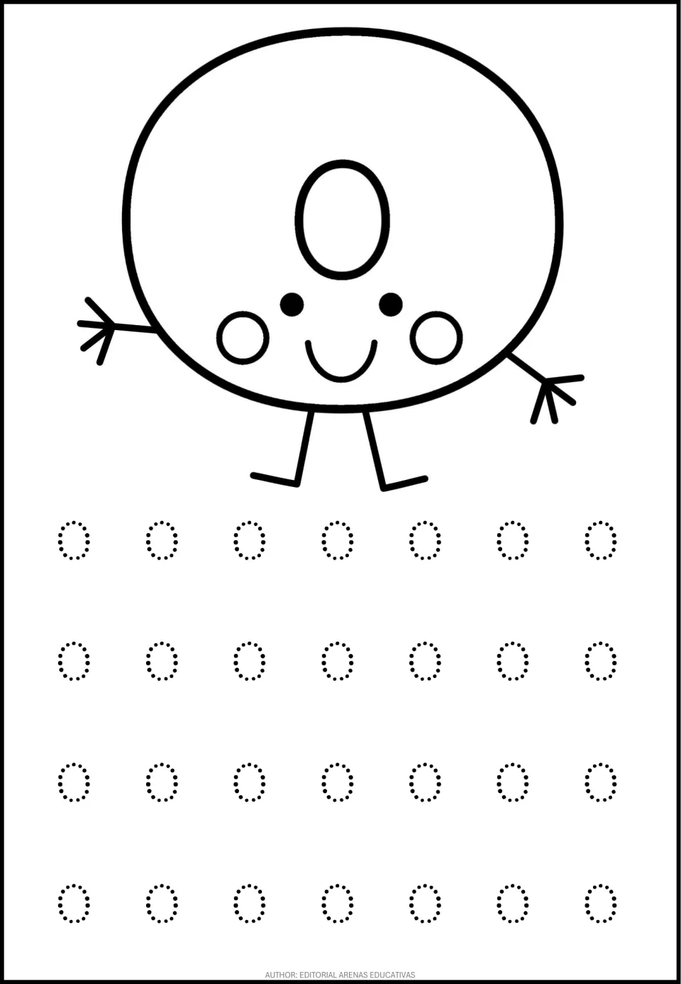 Lowercase o round-letter practice: learners trace 28 dotted o's beneath a friendly o with stick arms and legs