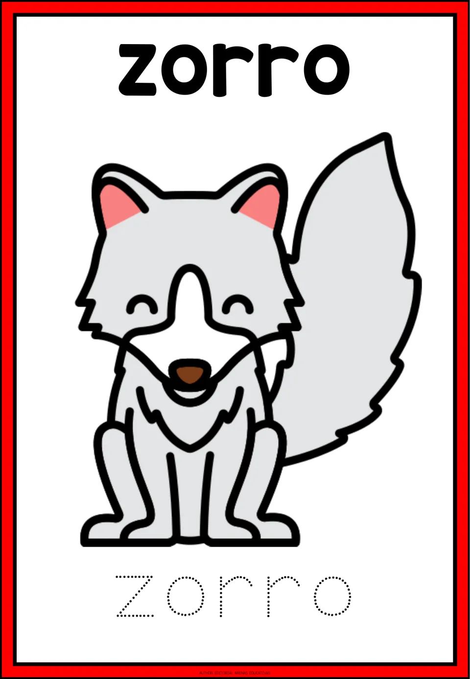 Spanish animal tracing card for zorro (fox), showing a fox illustration and the word in dotted letters
