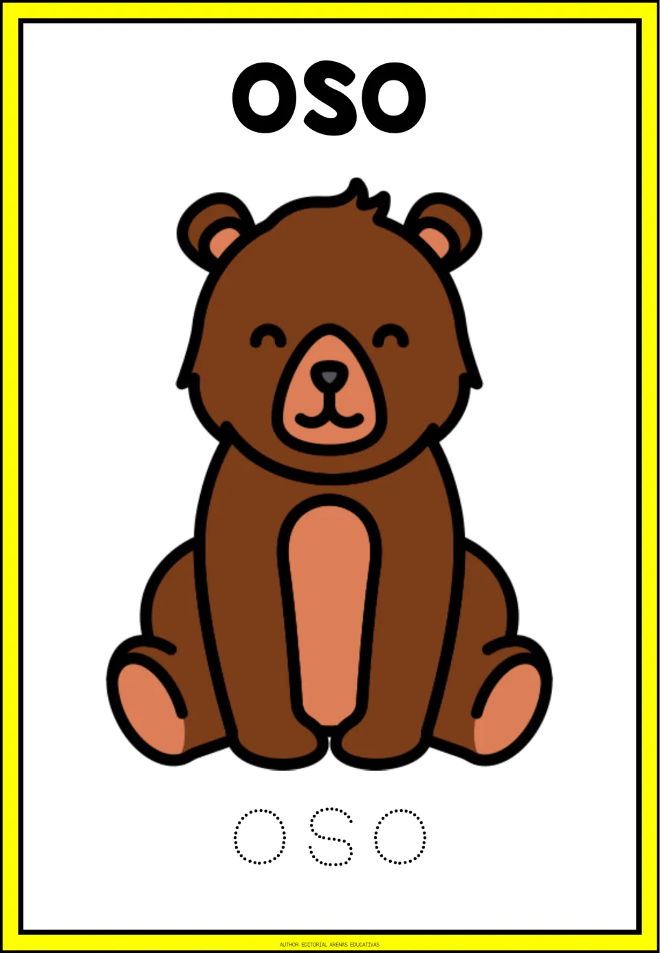 Spanish animal tracing card for oso (bear), showing a bear illustration and the word in dotted letters