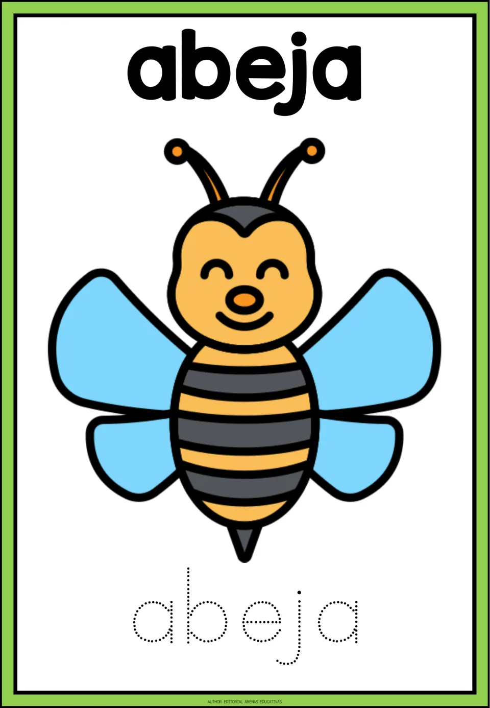 Spanish animal tracing card for abeja (bee), showing a bee illustration and the word in dotted letters