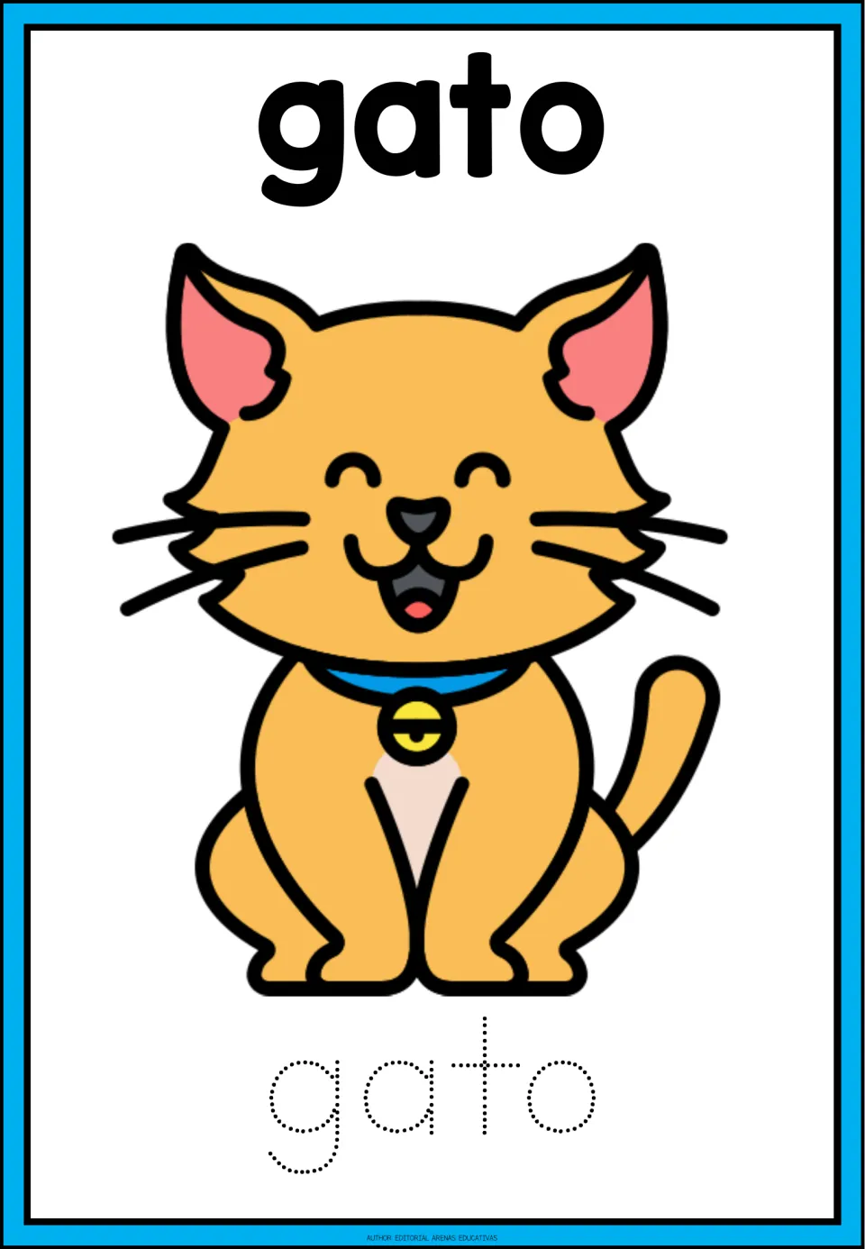 Spanish animal tracing card for gato (cat), showing a cat illustration and the word in dotted letters