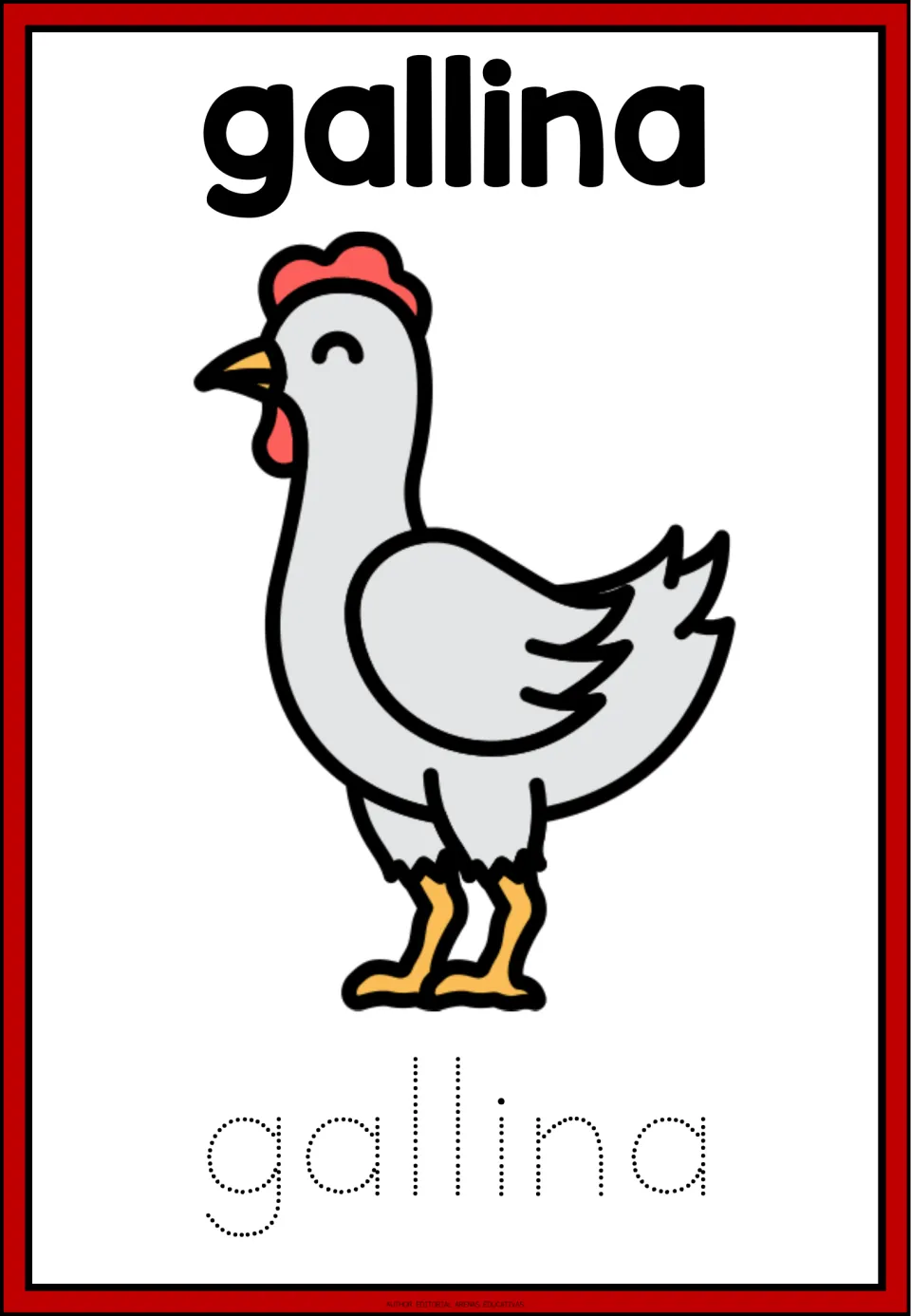 Spanish animal tracing card for gallina (hen), showing a hen illustration and the word in dotted letters
