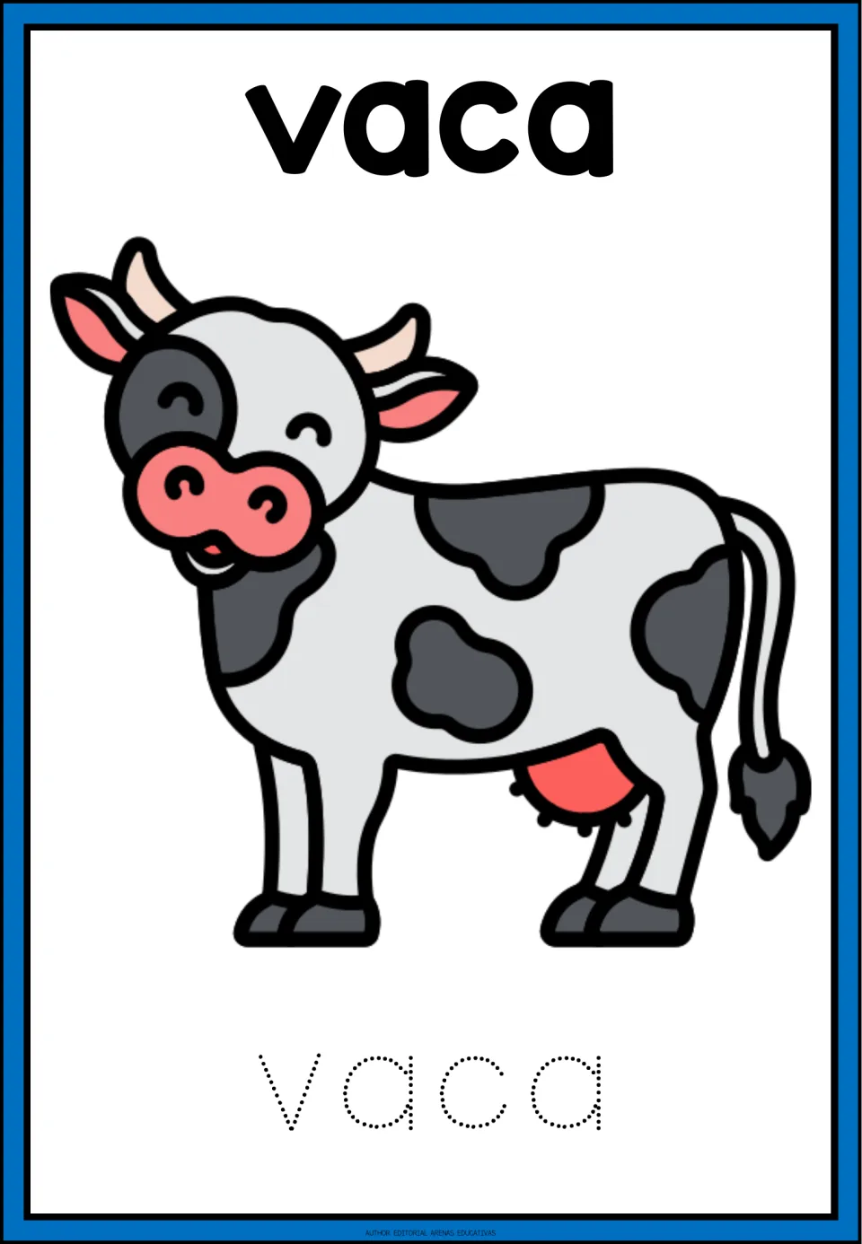 Spanish animal tracing card for vaca (cow), showing a cow illustration and the word in dotted letters