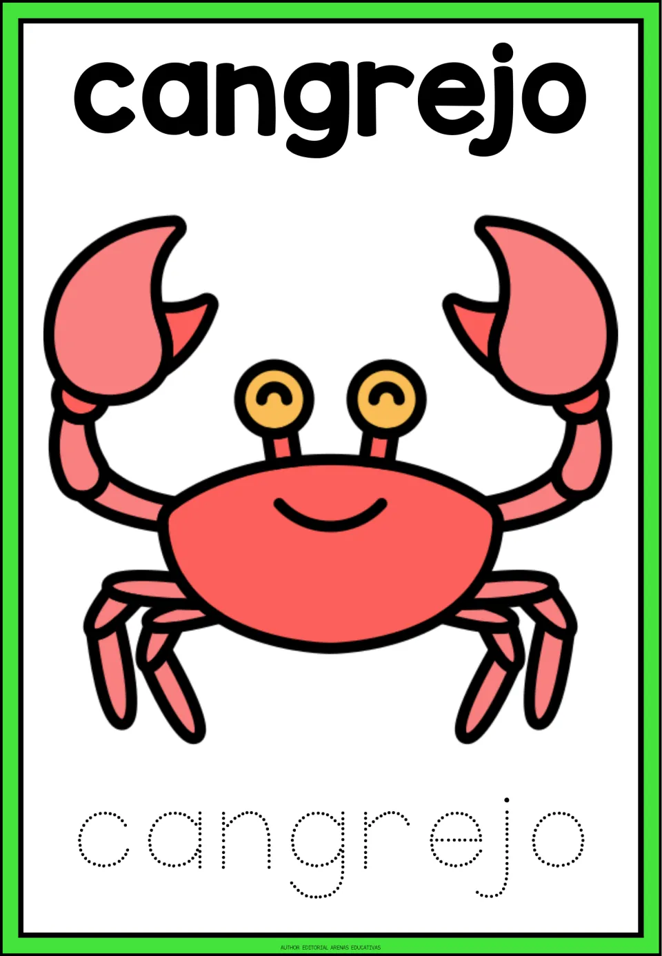 Spanish animal tracing card for cangrejo (crab), showing a crab illustration and the word in dotted letters