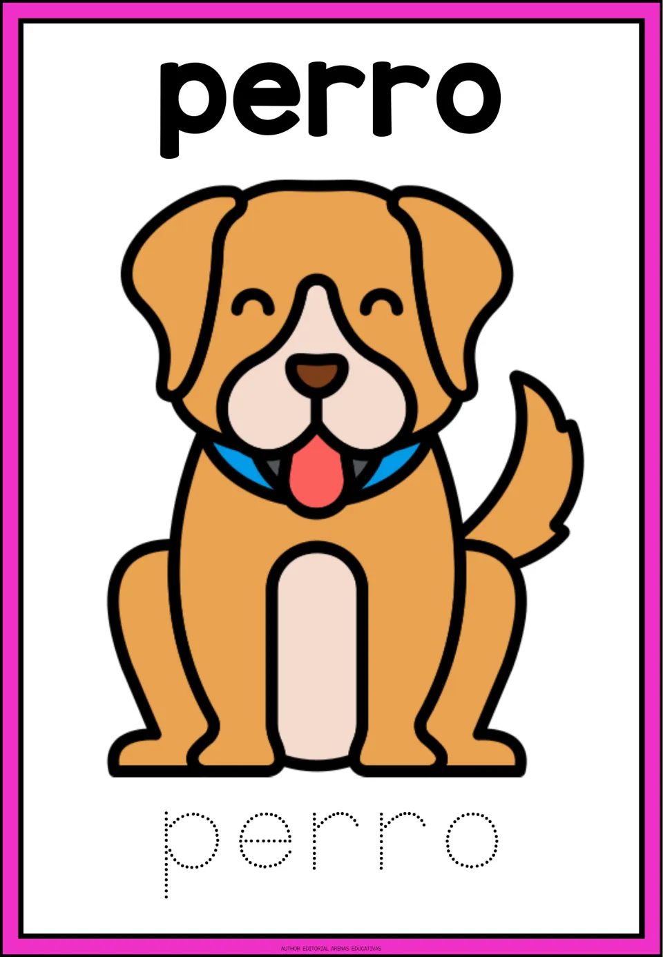 Spanish animal tracing card for perro (dog), showing a dog illustration and the word in dotted letters