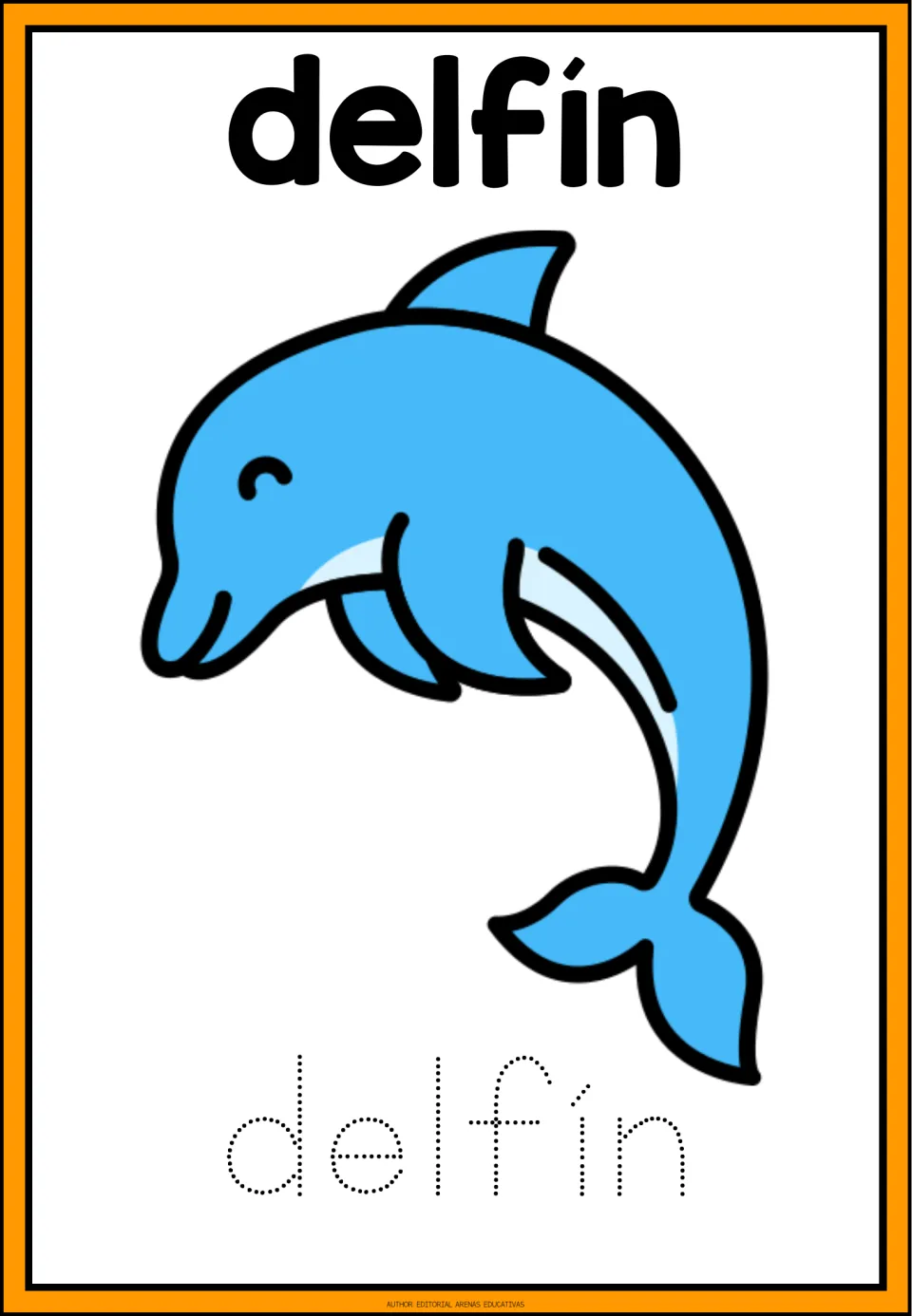 Spanish animal tracing card for delfín (dolphin), showing a dolphin and the accented word in dotted letters