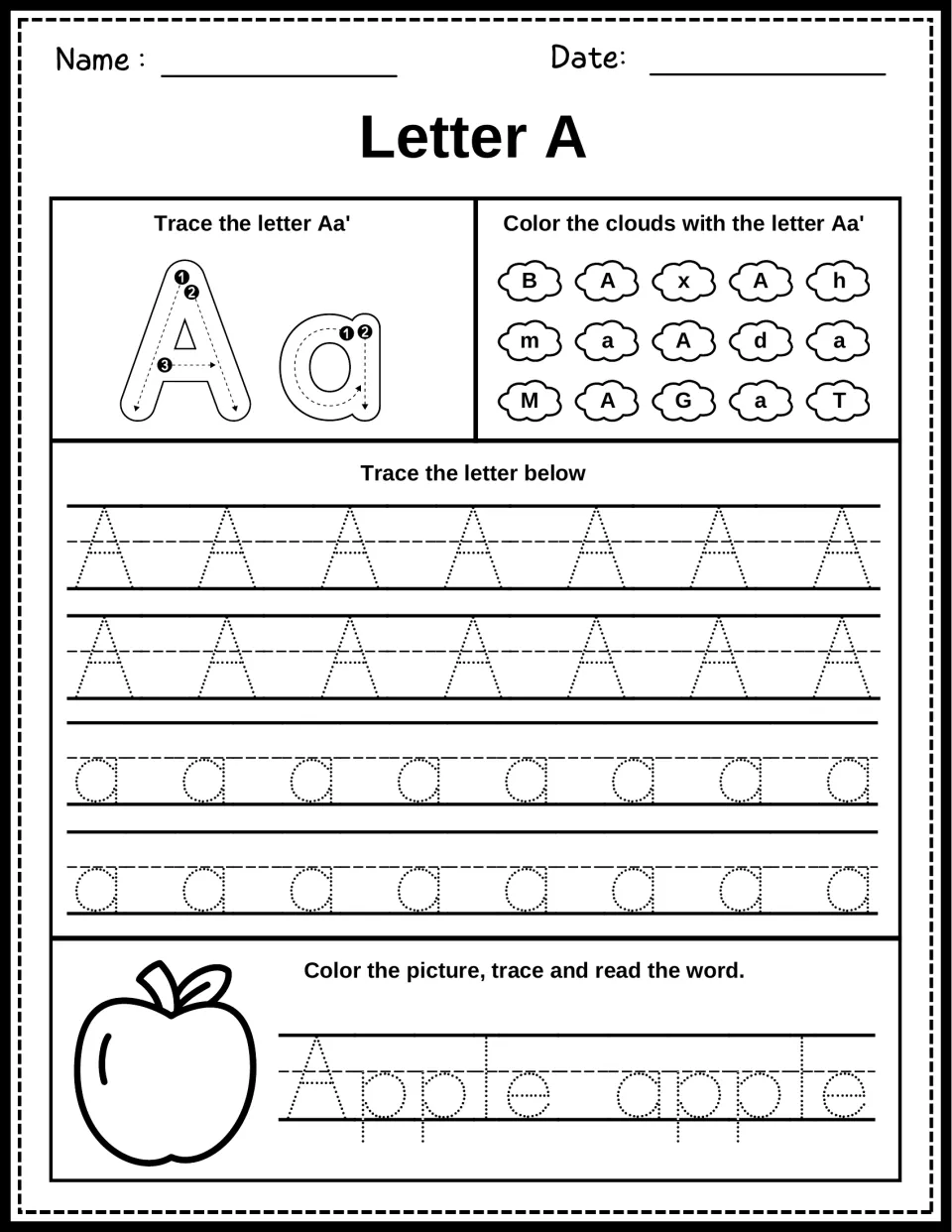 Letter A handwriting: students follow stroke arrows for Aa, color clouds holding A or a, and trace the word apple