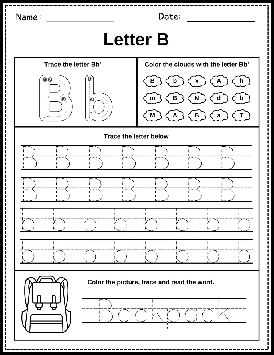 Letter B practice: students trace numbered strokes for Bb, find B and b among letter clouds, and trace the word Backpack