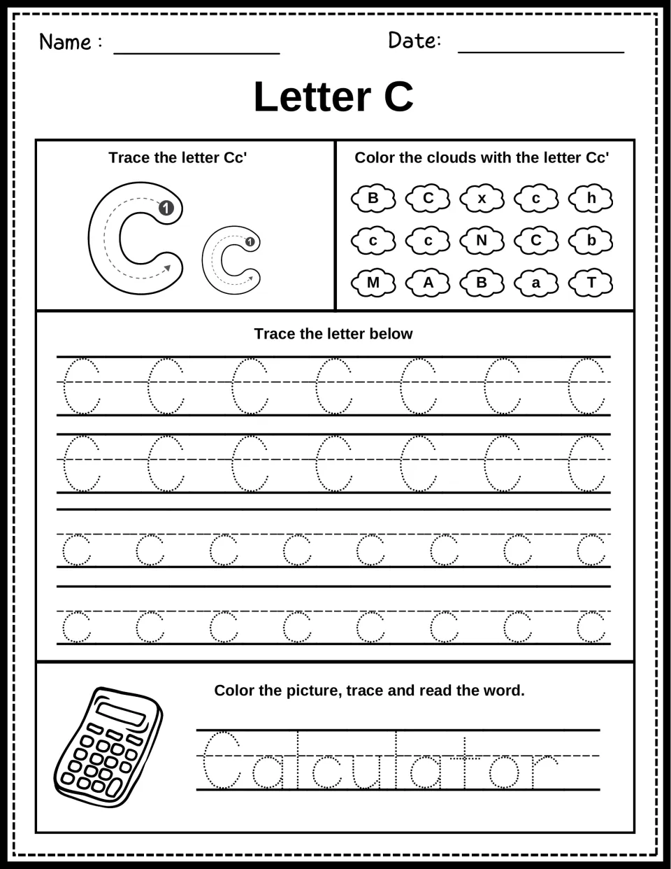 Letter C tracing: students trace Cc from the start dot, color every C and c cloud, then trace and read Calculator