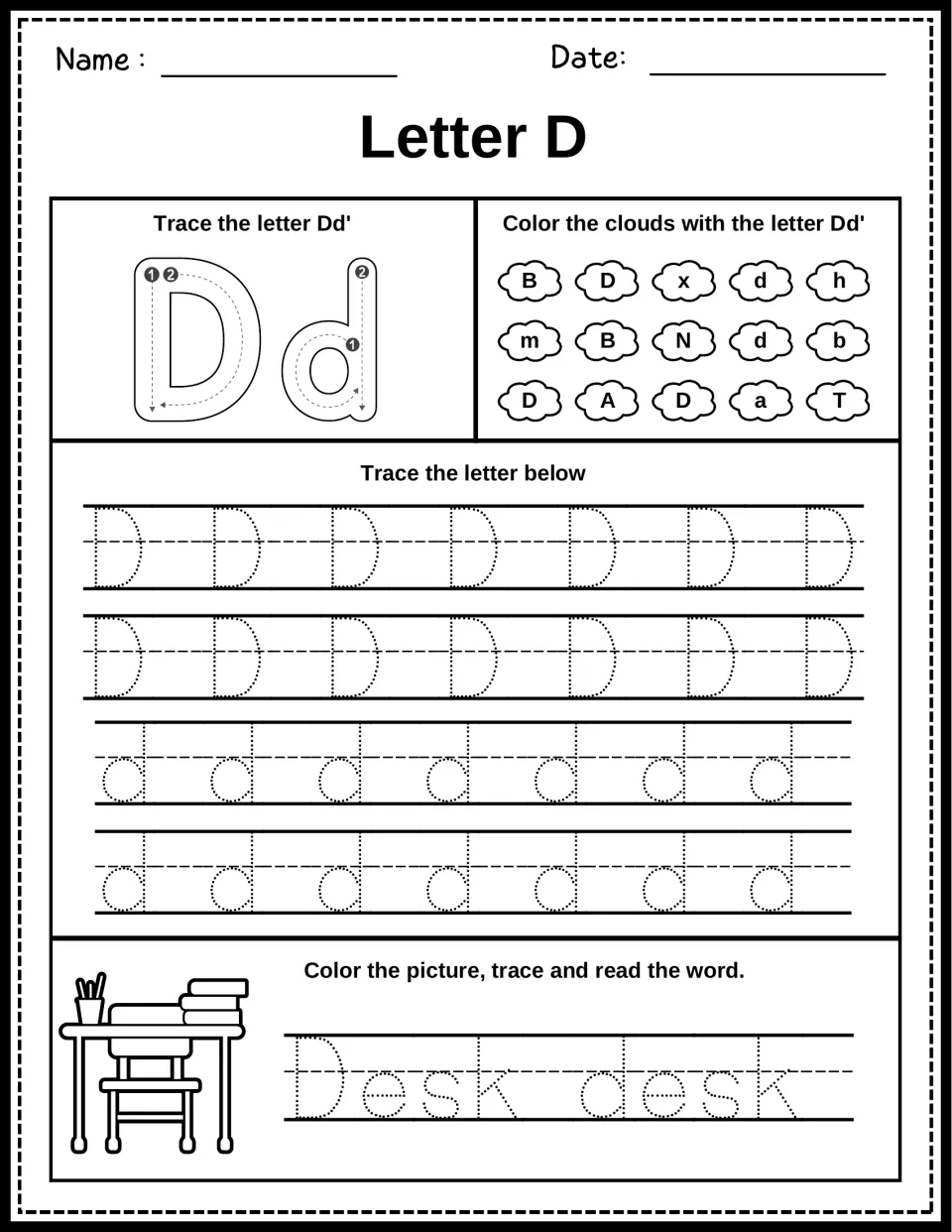 Letter D formation: students trace Dd with numbered strokes, pick out D and d clouds, and trace Desk desk beside a desk