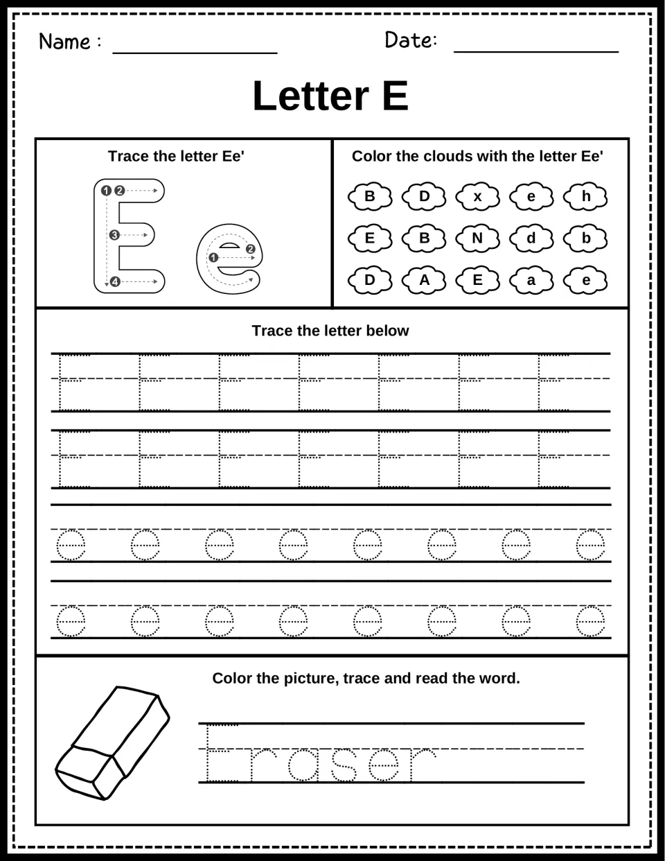 Letter E writing: students trace Ee in four strokes, color the E and e clouds, trace and read Eraser beside an eraser