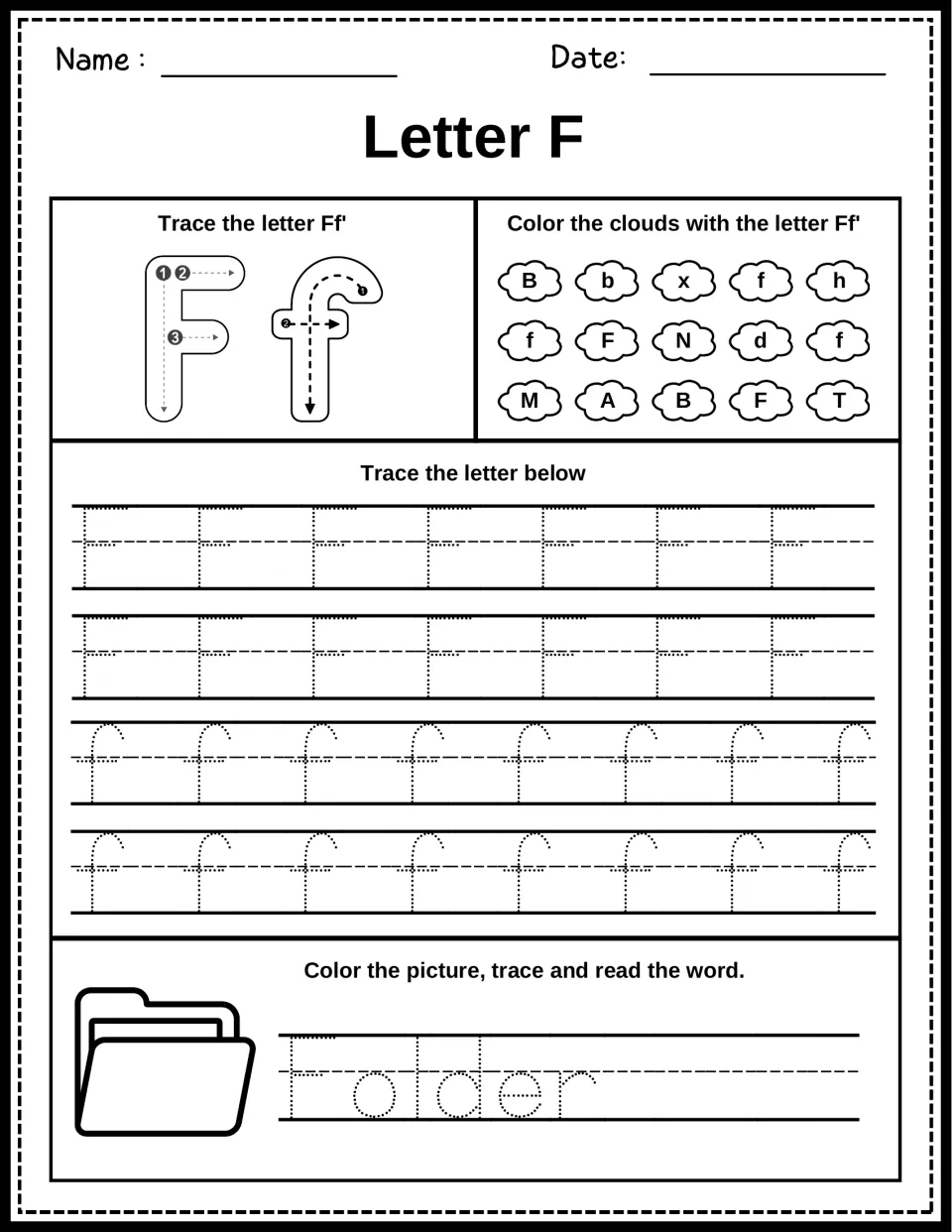 Letter F practice: students trace Ff with stroke arrows, find F and f in the clouds, and trace Folder beside a folder