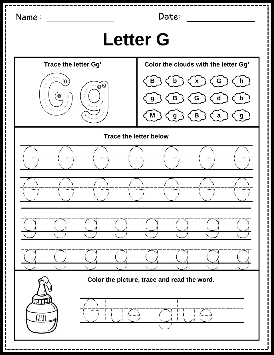 Letter G handwriting: students trace Gg, color clouds showing G or g, then trace and read Glue glue next to a glue bottle