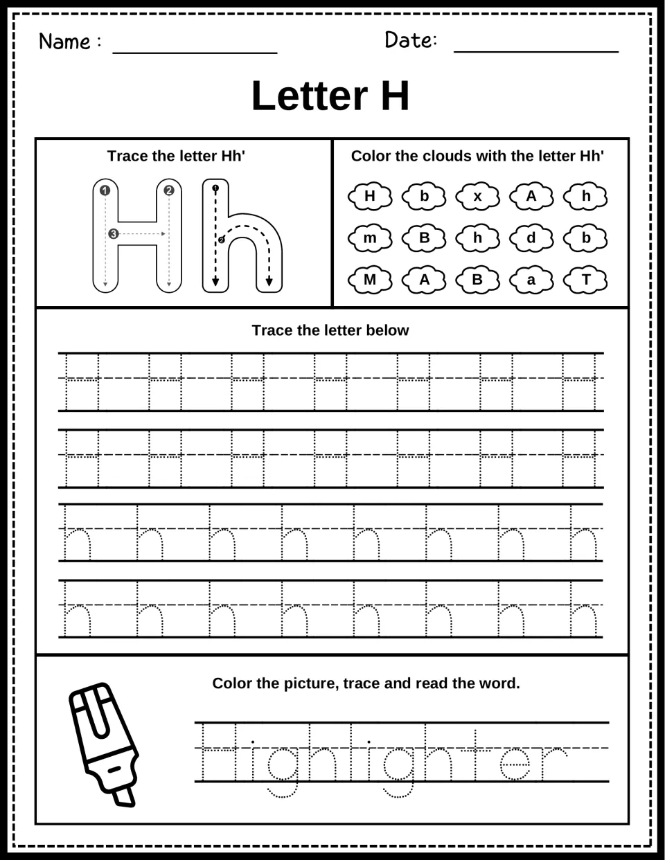 Letter H tracing: students form Hh with numbered strokes, color H and h clouds, and trace Highlighter beside a highlighter