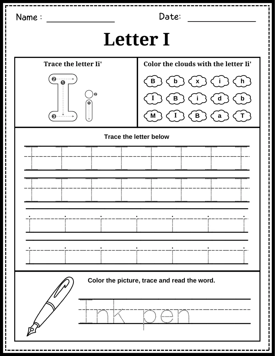 Letter I practice: students trace Ii from the numbered start points, find I and i clouds, and trace Ink pen beside a pen