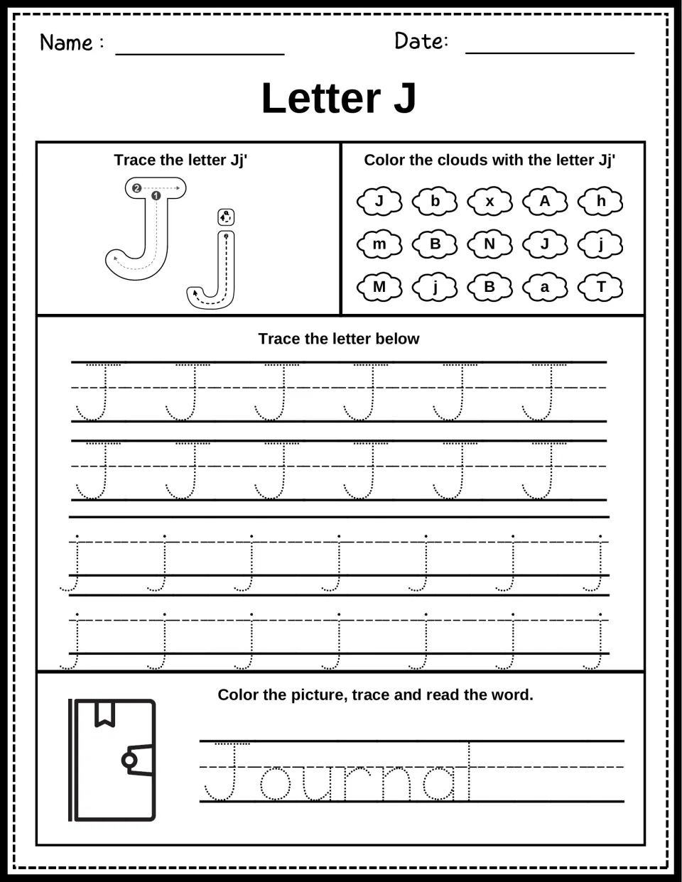 Letter J formation: students trace Jj with stroke arrows, color the J and j clouds, then trace and read Journal